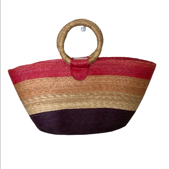 Handbags - Large Woven Straw Striped Circle Handle Beach Swim Tote 22 x 14